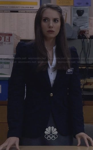 Annie’s navy blue blazer with gold button detail on Community