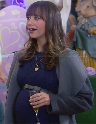 Ann's grey two-tone hooded coat and blue lace maternity dress on Parks and Recreation