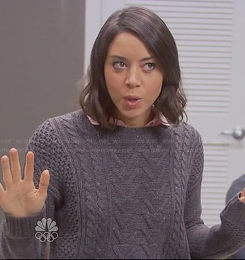 April’s grey cable knit sweater on Parks and Recreation