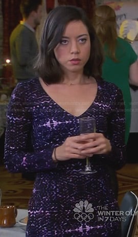 April’s purple printed long sleeve dress on Parks and Recreation