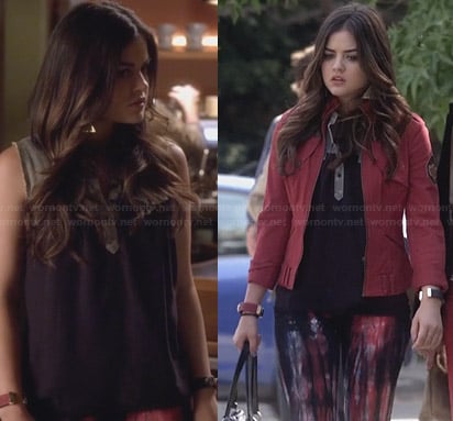 Aria's black denim-detailed henley top, patterned jeans and red jacket on Pretty Little Liars