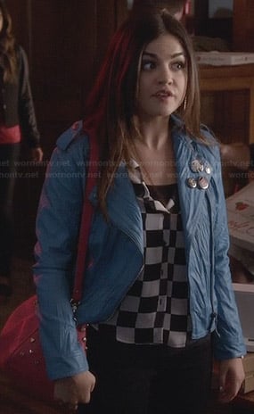 Aria’s checkerboard print blouse, blue leather jacket and pink studded bag on Pretty Little Liars