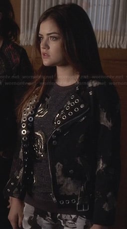 Aria's grey beaded rose top and eyelet detail jacket on Pretty Little Liars