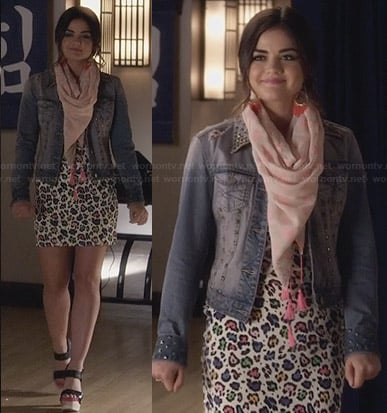 Aria's rainbow leopard print dress and denim studded jacket on Pretty Little Liars