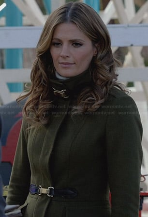 Beckett's olive green wool buckle coat on Castle