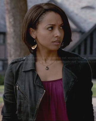 Bonnie's black moto jacket on The Vampire Diaries