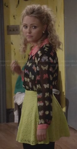 Carrie’s butterfly printed blouse and lime green lace skirt on The Carrie Diaries