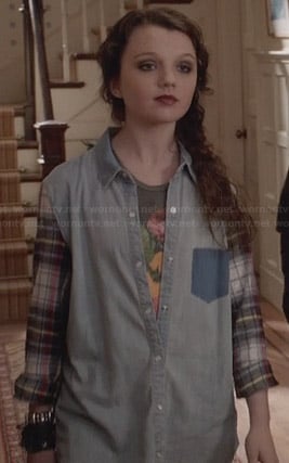 Dorrit's denim shirt with plaid sleeves on The Carrie Diaries