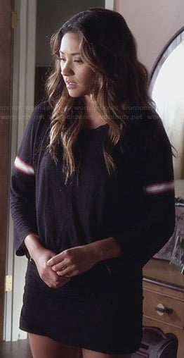 Emily's black zip front tee with red sleeve stripes on Pretty Little Liars