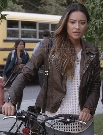 Emily’s white mesh top and metallic leather jacket on Pretty Little Liars