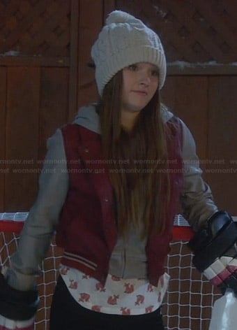 Eve's red and grey leather hooded jacket and fox print shirt on Last Man Standing