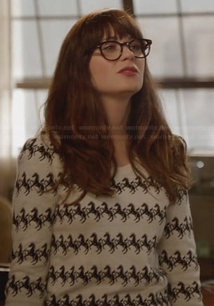Jess's black and white horse print sweater on New Girl