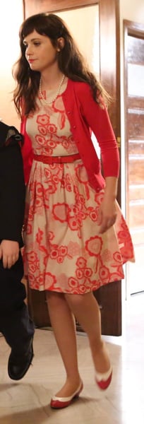 Jess's white and red flower printed dress on New Girl
