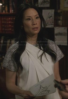 Joan's grey and white asymmetric wrap dress on Elementary