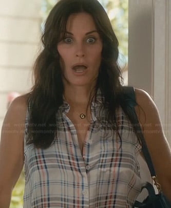 Jules's white sleeveless plaid button front shirt on Cougar Town