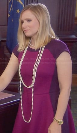 Ingrid’s (Kristen Bell) purple and pink colorblock dress on Parks and Recreation