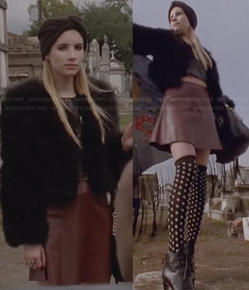 Madison's black fur jacket, brown leather skirt, polka dot thigh socks and platform ankle boots on American Horror Story