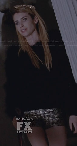 Madison's gold shorts, black fluffy sweater and gold bow headband on American Horror Story