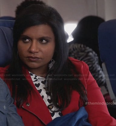 Mindy's heart print shirt and red moto jacket on The Mindy Project