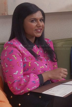 Mindy's pink shoe print top and studded skirt on The Mindy Project