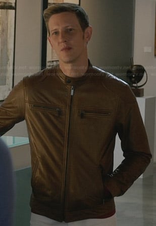 Nolan's tan leather jacket with zip pockets on Revenge