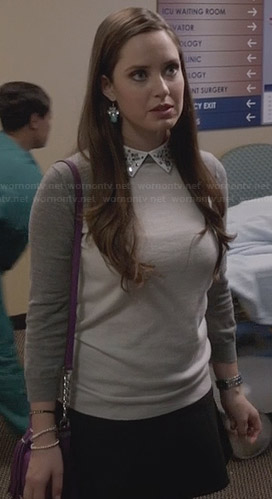 Olivia's grey and white sweater with embellished collar on Ravenswood