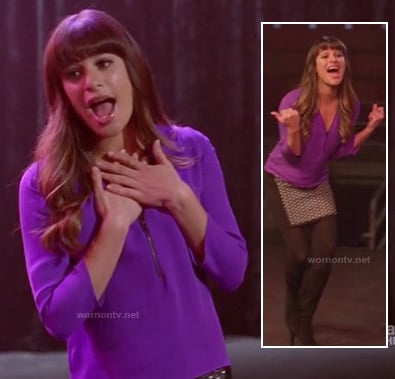 Rachel's purple zip front top and polka dot skirt on Glee