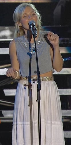 Scarlett’s grey embellished crop top and white maxi skirt on Nashville