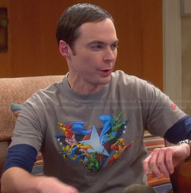 Sheldon's grey Justice League II T-shirt on The Big Bang Theory