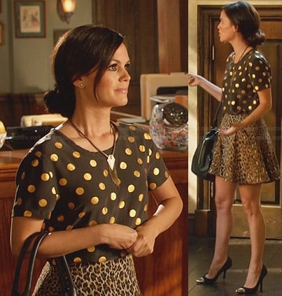 Zoe’s gold polka dot top and leopard print skirt on Hart of Dixie