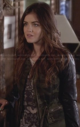 Aria's camo jacket with leather sleeves on Pretty Little Liars