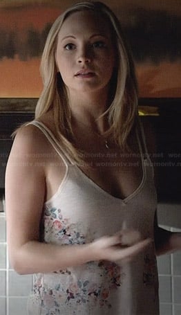 Caroline's white floral double strap cami on The Vampire Diaries