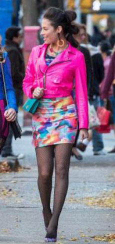 Donna’s pink leather jacket  and rainbow watercolor skirt on The Carrie Diaries