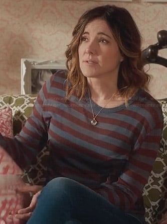 Ellie’s grey and burgundy striped long sleeve top on Cougar Town