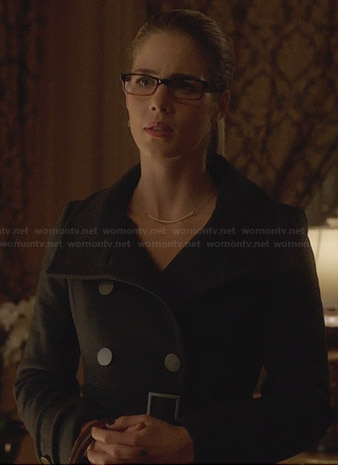 Felicity's navy belted coat on Arrow