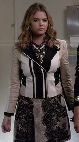 Hanna’s biege, white and black jacket and lace skirt on Pretty Little Liars