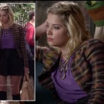 Hanna’s metallic striped jacket, purple top and black leather skirt with zips on Pretty Little Liars