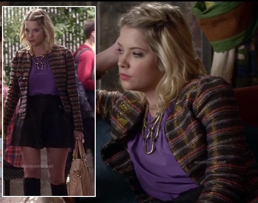 Hanna’s metallic striped jacket, purple top and black leather skirt with zips on Pretty Little Liars