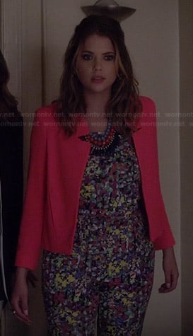 Hanna's multi-colored jumpsuit and neon pink jacket on Pretty Little Liars