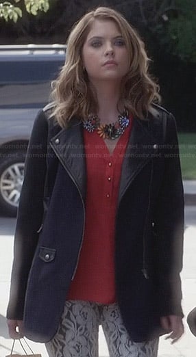 Hanna's tweed and leather coat, lace jeans and red blouse on Pretty Little Liars