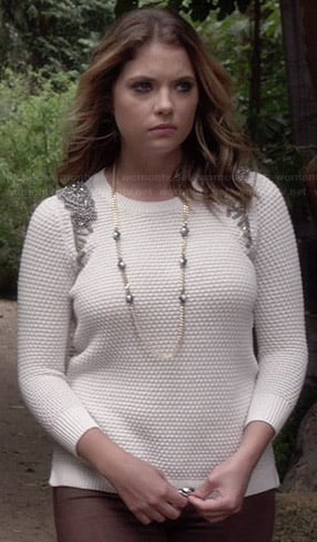 Hanna's white beaded shoulder sweater on Pretty Little Liars