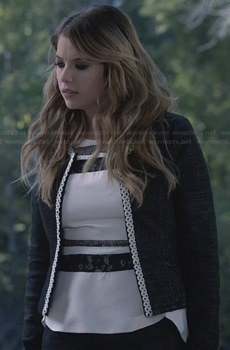 Hanna's white peplum top with black lace stripes and black leather jacket on Ravenswood