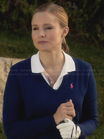 Jeannie's navy blue v-neck golf sweater on House of Lies