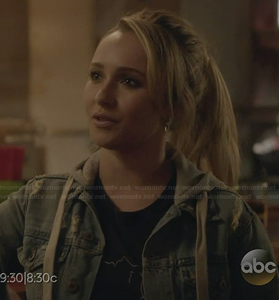 Juliette's denim hooded jacket and black graphic tee on Nashville