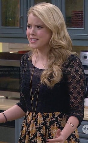 Lennox's yellow and black lace high-low dress on Melissa and Joey