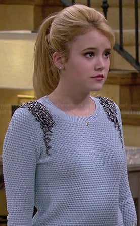 Lennox’s blue sweater with beaded shoulders on Melissa and Joey