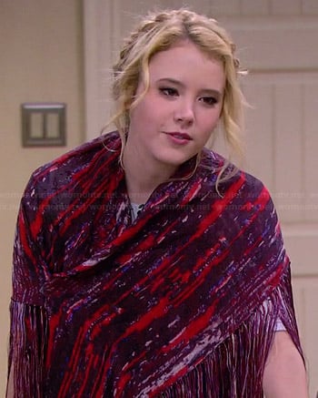 Lennox's red and purple printed fringed wrap scarf on Melissa and Joey