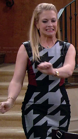 Mel’s houndstooth dress with leather detail on Melissa and Joey