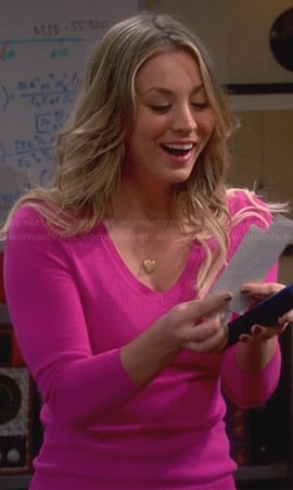Penny's hot pink v-neck sweater on The Big Bang Theory