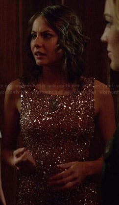 Thea’s dusty pink sequin and beaded dress on Arrow